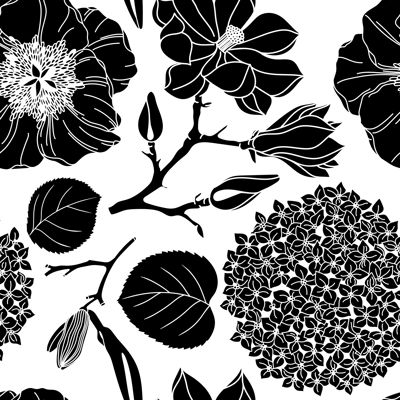 Vector seamless pattern with black flowers on white background. Botanical design for packaging, wrapping paper, wallpaper, fabric, fashion. Garden peony, poppy, lily, magnolia silhouettes backdrop